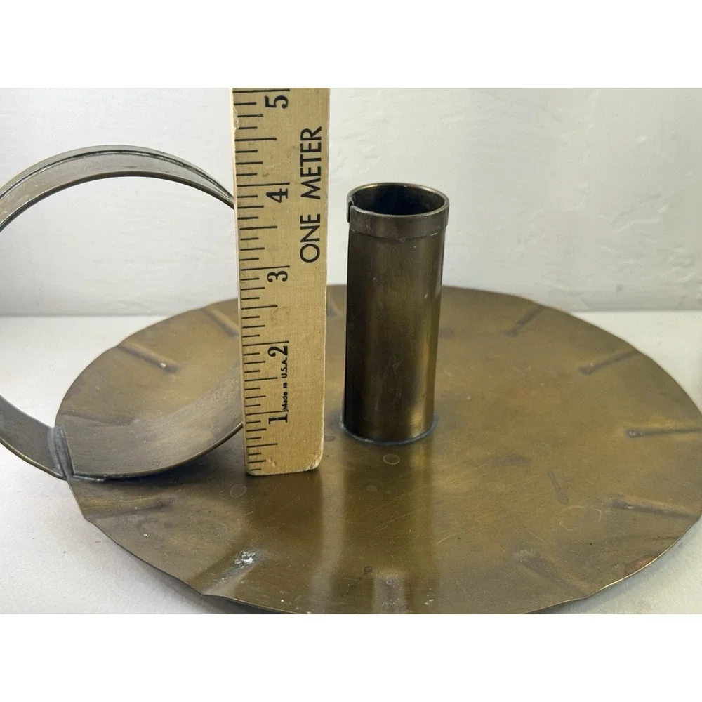 Pair Vintage Solid Brass Chamberstick Candle Holders Primitive Finger Loop Pan